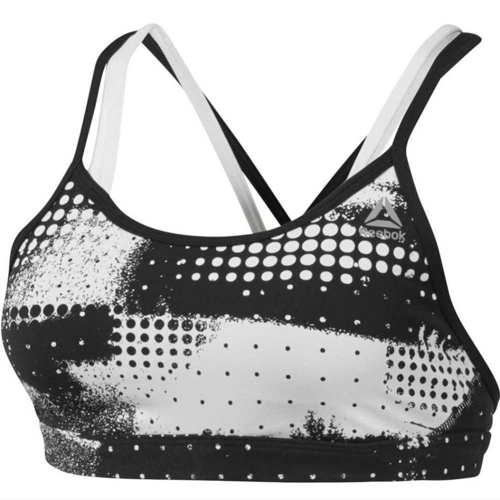 Reebok Hero Padded Strappy Geocast Black and White Graphic Sports Bra